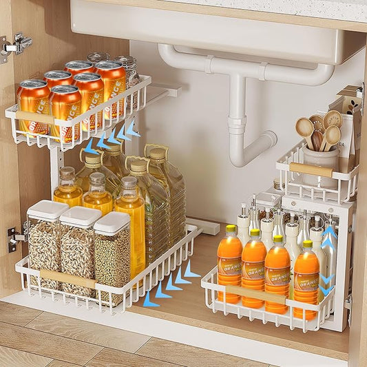 2 Pack Under Sink Organizer Cabinet for Kitchen Bathroom, 2 Tier Metal Slide Out Under Sink Drawers, Adjustable Height, Under Sink Pull Out Organizers and Storage, White,13.7" H-17 H by Momooda