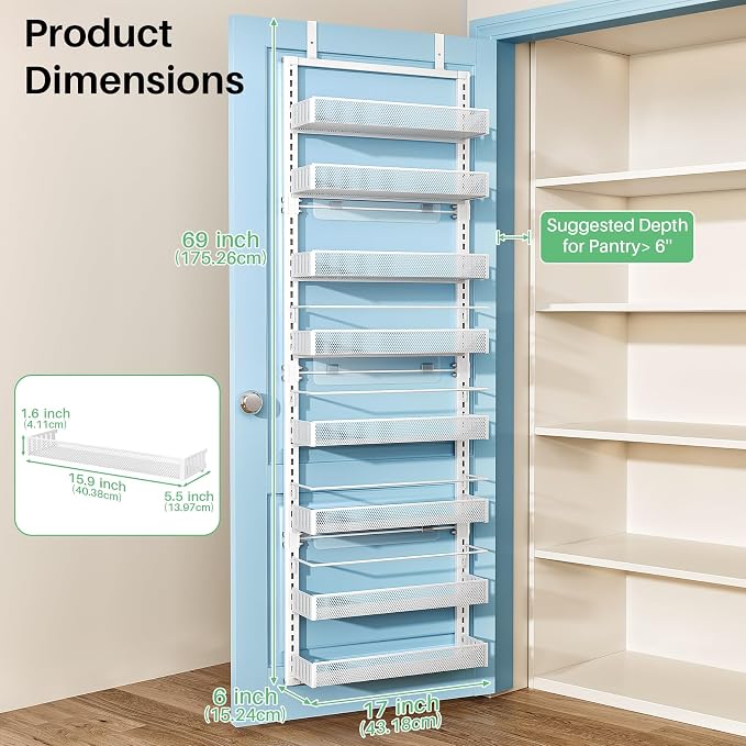 SNTD 8 Tiers Over the Door Organizer, 17" W x 6" D x 69" H, White | Pantry Door Organizers and Storage, Height Adjustable Spice Rack, Dense Mesh Baskets, Anti-Swing, Adjustable Door Fastener - Image 7