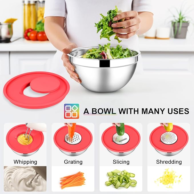 E-far Mixing Bowls with Lids Set, 7-Piece Stainless Steel Mixing Bowls with 3 Grater Attachments, Size 4.6, 3.5, 2.6, 2, 1.5, 1, 0.7QT, Nesting Design & Colorful Airtight Lid, For Baking/Prepping - Image 3