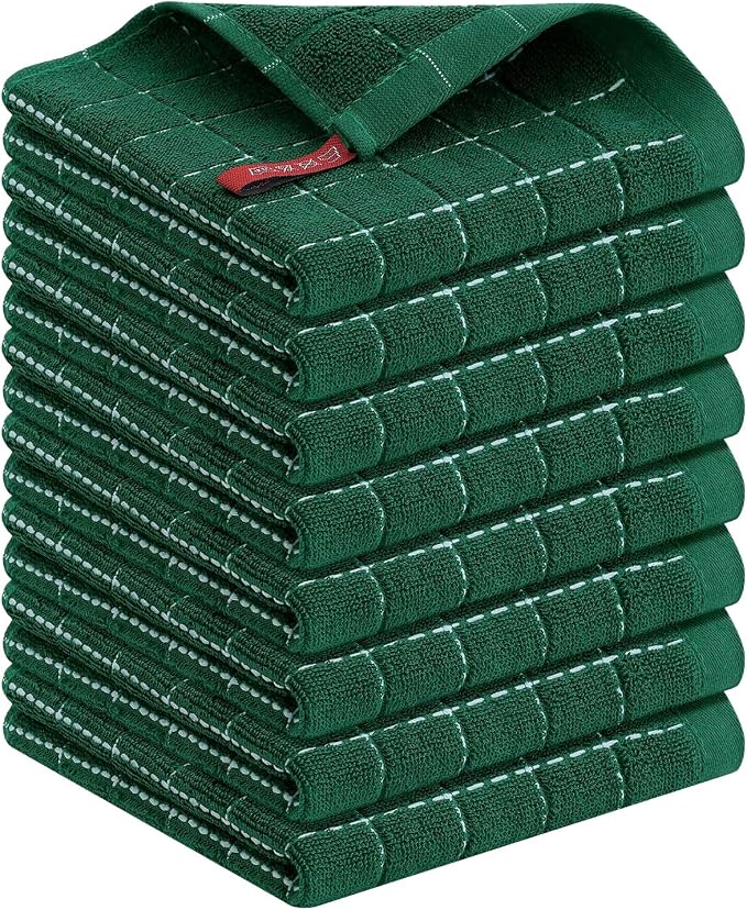 Kitinjoy 100% Cotton Terry Kitchen Dish Cloths, 8-Pack, Dark Green | Ultra Soft and Absorbent Dish Towels for Kitchen, Suitable for Drying and Washing Dishes, 12”x 12” by Kitinjoy