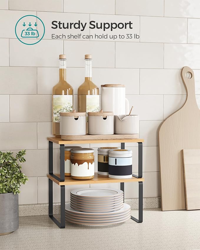 SONGMICS Cabinet Organizer Shelf, Set of 2 Kitchen Counter Shelves, Kitchen Storage, Spice Rack, Stackable, Expandable, Metal and Engineered Wood, 11.7 Inches, Ink Black and Natural Beige UKCS02NB - Image 5