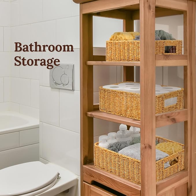WeeNest Baskets for Storage, Wicker Basket, Rectangular, Set of 3, Amber | Baskets for Organizing, Pantry Basket, Undershelf Wicker Storage, Storage Baskets for Closet, Baskets for Shelves - Image 5