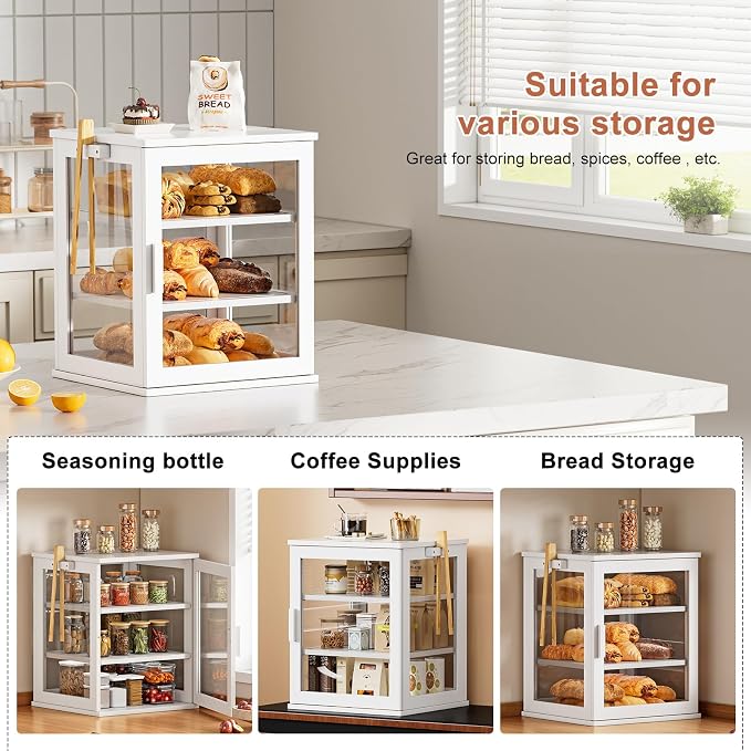 WOWLIVE Bread Box for Kitchen Countertop, 3 Layers Bread Storage Container | Large Bamboo Bread Bin for Homemade Bread with Window, Farmhouse Breadbox Organizer for Kitchen, Cabinet, White, Extra Large - Image 6
