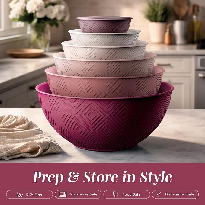 COOK WITH COLOR Mixing Bowls with Lids - 12 Piece Plastic Nesting Bowls Set includes 6 Prep Bowls and 6 Lids, Microwave Safe Mixing Bowl Set, Rose Rhombus - Image 3