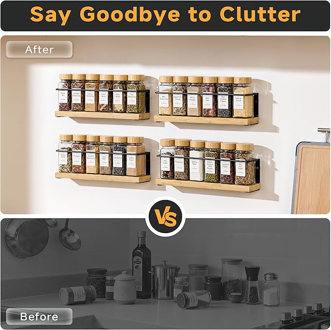 4-Tier Wall Mount Spice Rack Organizer with 24 Glass Jars, 216 Labels & Funnel - Screw/Adhesive Mount, Black Metal & Bamboo Spice Storage for Kitchen Pantry Cabinet, 11.6”W x 2.4”D x 3.2”H - Image 7