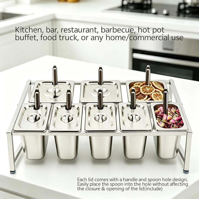 Telescoping Pizza Topping Station Condiment Container Food Prep Holder | Stainless Steel Container Set with 8 Pans & Spoons&Lid, Spice Rack Ingredients Holder Bar Kitchen Pizza Oven Accessories - Image 8