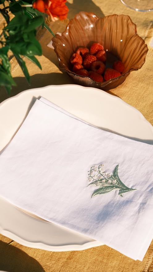 White Linen Napkins Set of 4-100% Pure Linen Embroidered Dinner Napkins 19 x 19 Inch for Spring, Summer Memorial Day - Botanical Embroidery (Lily Garden Collection) - Image 4