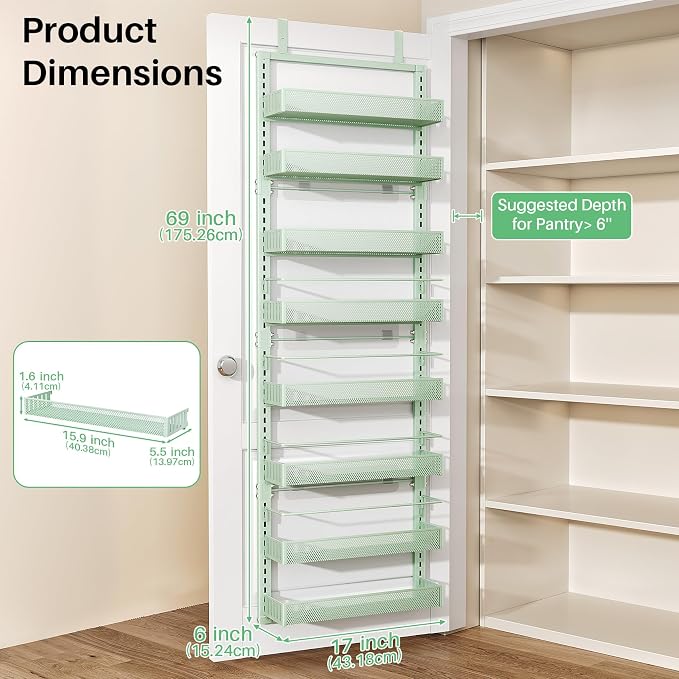 SNTD 8 Tiers Over the Door Organizer, 17" W x 6" D x 69" H, Green | Pantry Door Organizers and Storage, Height Adjustable Spice Rack, Dense Mesh Baskets, Anti-Swing, Adjustable Door Fastener - Image 2