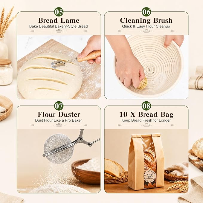 Sourdough Bread Proofing Basket Set, 47PCS Banneton Bread Proofing Set with Round & Oval Rattan Baskets, Bread Lame, Dough Scraper & Baking Tools for Beginner & Artisan Home Bakers (47) - Image 7