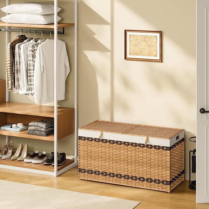 HOOBRO Storage Basket with Lid, 52.8 Gallon (200L) Wicker Storage Basket with 2 Separate Lid, Blanket Storage Bin with 2 Removable Liner Bags, for Bedroom, Laundry, Natural and Brown NL277CW01 - Image 5