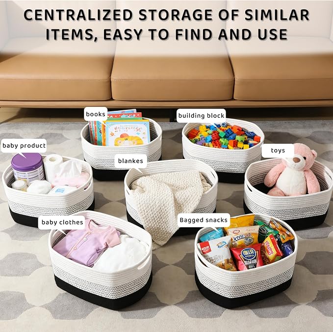 4 Pack Storage Baskets for Organizing, 11''Lx9''Wx8''H Woven Baskets for Storage Toys, Towels, Books, and Clothes, Cotton Rope Basket for Shelves with Handle - Image 6