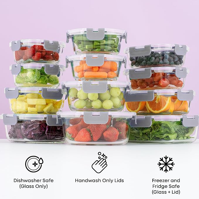 JoyJolt 24pc Borosilicate Glass Storage Containers with Lids | 12 Airtight/Freezer Safe Food Storage Containers for Pantry and Kitchen | Meal Prep Container for Lunch | Glass Tupperware Set - Image 6