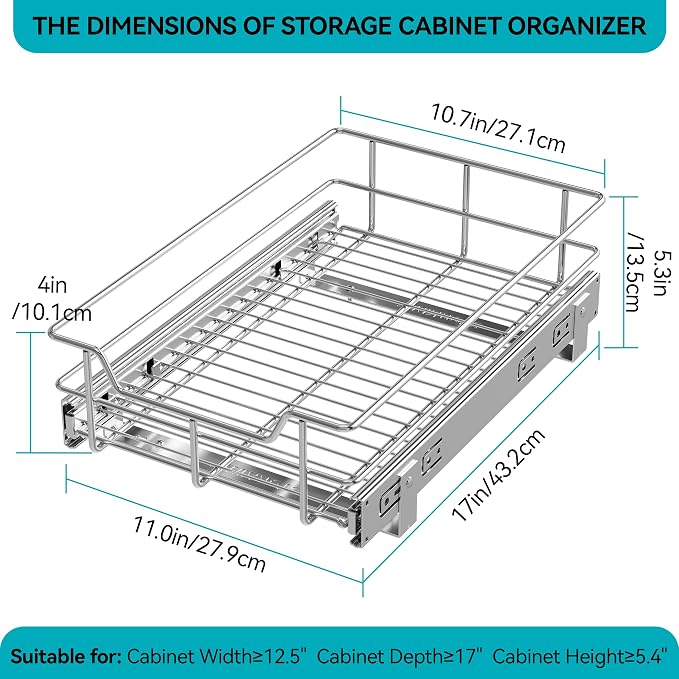 Pull Out Cabinet Organizer 11" W X 17" D, Chromed, Full Slide Out Drawers | For Kitchen Organizers and Storage, Pull Out Drawers For Cabinets Capacity Heavy Duty Caddy, Cabinet Shelves, Bathroom Pantry - Image 2