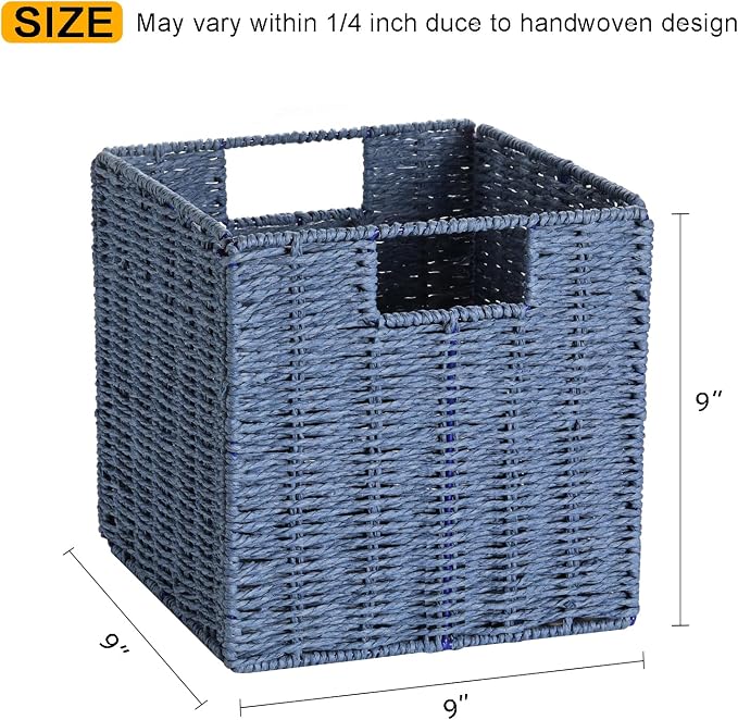 Wicker Basket, Set of 2 Hand-Woven Paper Rope Storage Baskets for Organizing, Foldable Cubby Storage Bins, 9 Inch Small Wicker Storage Basket, Square Baskets Cube Storage Organizer Bins, Blue - Image 2