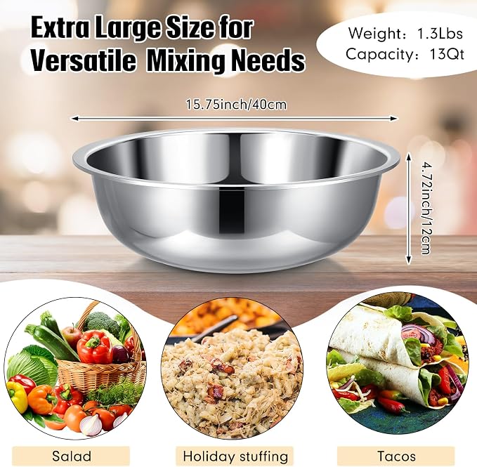 Nuogo 4 Pcs Stainless Steel Mixing Bowls Metal Mixing Bowls Extra Large Basin Salad Basin Deeper Edge Dishwasher Safe Mirror Finish for Home and Commercial, Silver (16 Inch 13 Qt) - Image 2