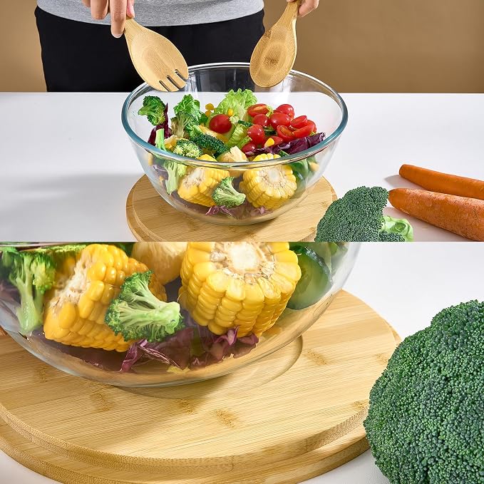 JOYMAY Glass Salad Bowl, 10.7inch Salad Bowl with Lid Thick Glass Mixing Bowls Serving Bowls, 4.7 Quart Large Salad Bowls with Bamboo Utensils, Trifle Bowl Fruit Bowl for Salad, Pasta, Microwave Safe - Image 2