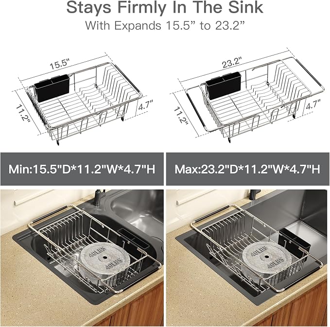Dish Drying Rack Over The Sink with Utensil Holder, Mat | Expandable Stainless Steel Dish Drainer for Small Kitchen, Apartment, RV, Counter Space Saving, Perfect Fit, Rustproof - Image 3