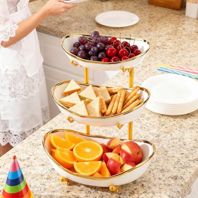 3 Tier Fruit Bowls For Kitchen Counter, Ceramic Fruit Basket Stand | Metal Fruit Serving Tray, Large Capacity, Snacks Nuts Cake Storage Holder for Party (Gold 1) - Image 6