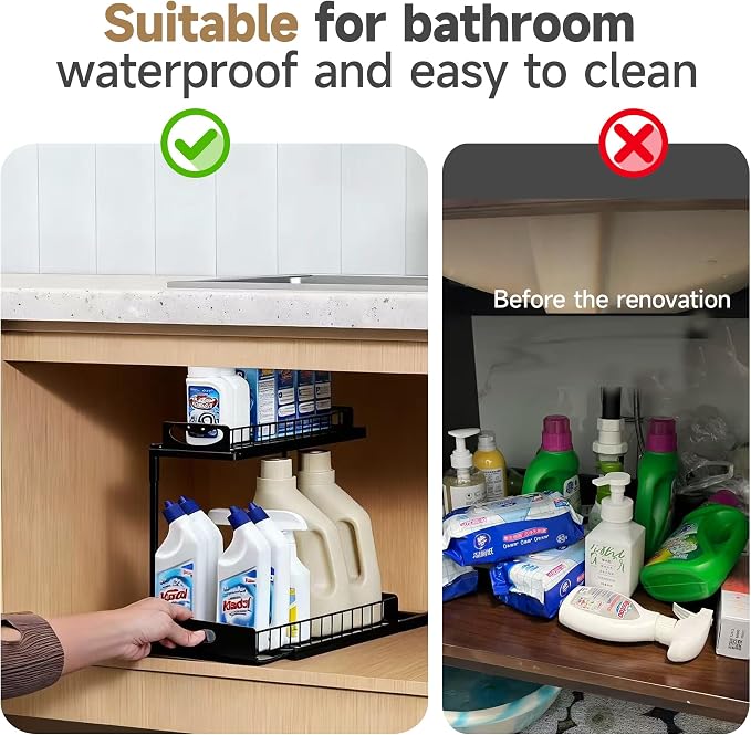 2 Pack Pull-Out Storage Basket Under Sink Organizers Under Sink Storage Racks For Kitchen Cabinet,Bathroom,Storage Box, Black - Image 6