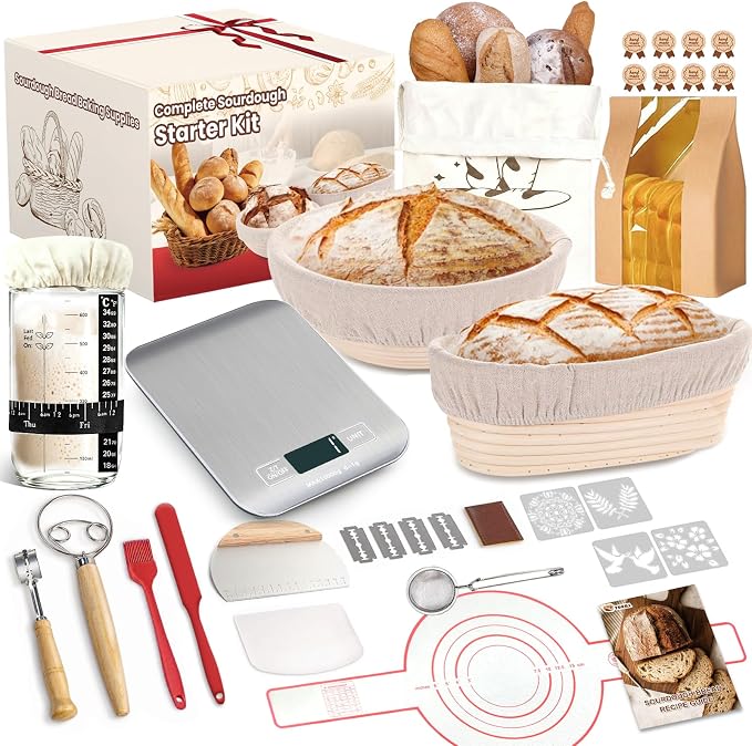 Sourdough Starter Kit with Scale, Glass Jar, Banneton Bread Proofing Basket | Complete Sourdough Bread Baking Supplies, Sour Dough Making Essentials Tools, Gift for Bakers Beiginner, Women, Wife, Mom by YONILL