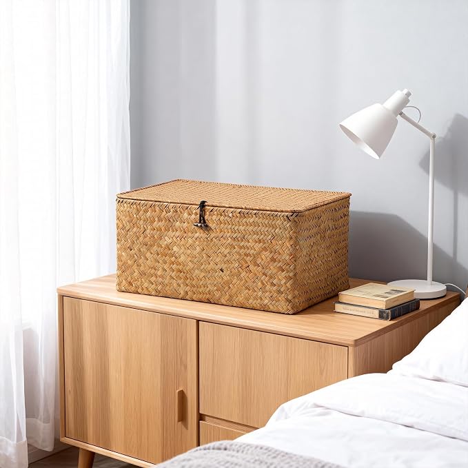 Nonam Seagrass Storage Large Basket with Lid,Wicker Basket Storage Bin with Lid for Shelves,Boho Decor,Handwoven Shelf Basket for Organizing-Storage Container Box for Home Organization-Natural - Image 6