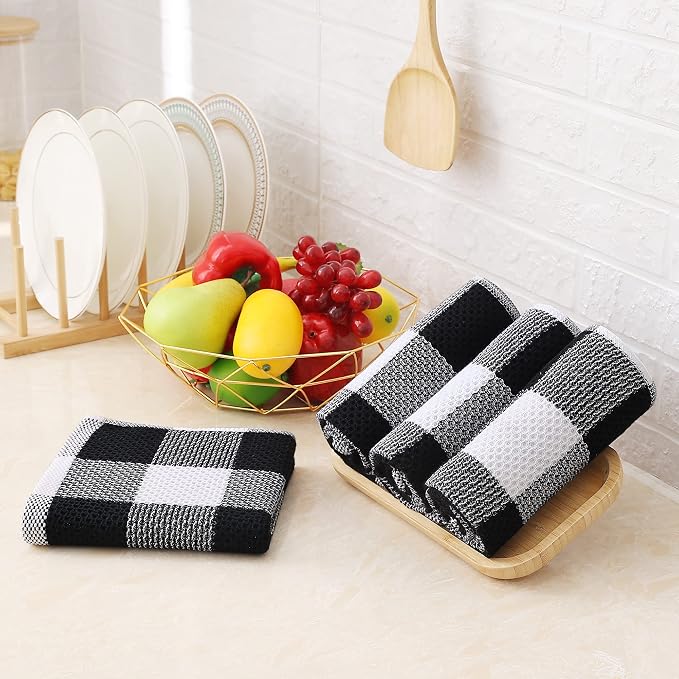 Homaxy Kitchen Towels and Dishcloths Set, Set of 8, White & Black | Bulk Cotton Waffle Weave Check Plaid Kitchen Towels, Super Soft and Absorbent Dish Cloths, 12 x 12 and 13 x 28 Inches - Image 8