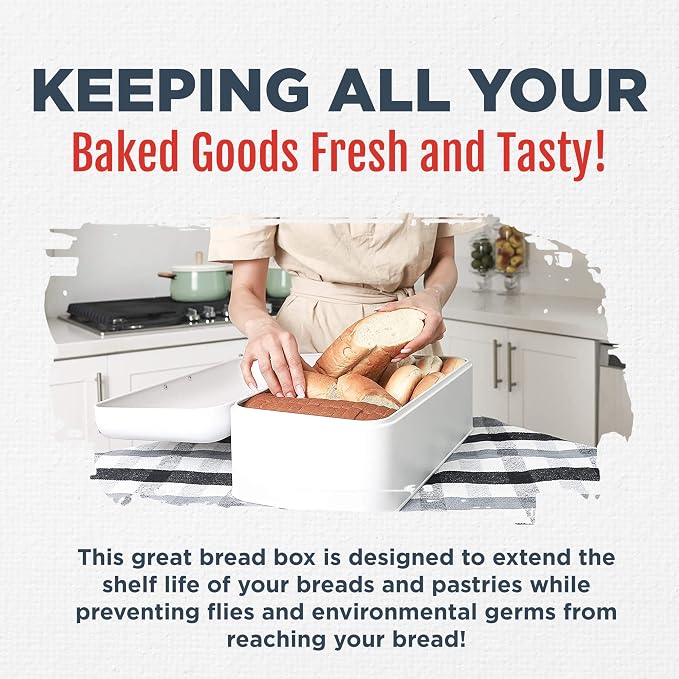 Extra Large White Bread Box for Kitchen Countertop 16" x 9" Holds 2 Loaves | Stainless Steel Vintage Bread Boxes for Kitchen Counters - Image 3