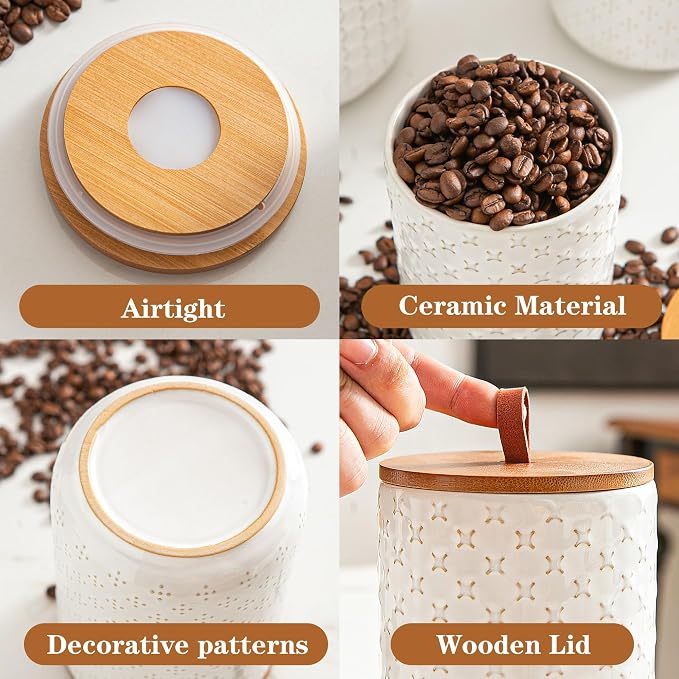 JOJUNO White Ceramic Canister Set with Wooden Lids – 3-Piece Airtight Food Storage Jars for Kitchen, Embossed Design, Small/Medium/Large Sizes (30/48/82 oz) – Flour, Sugar, Coffee, Tea Containers - Image 4