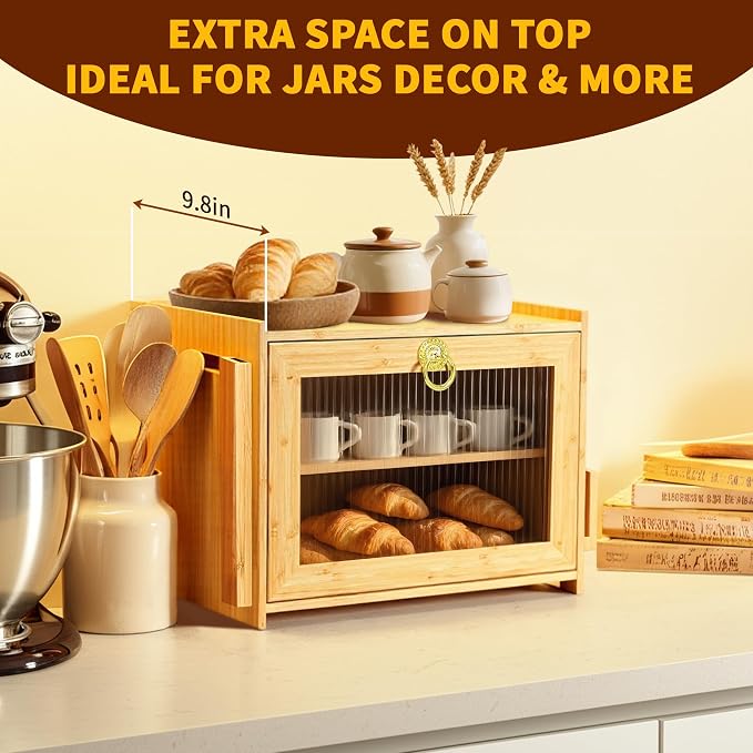 Large Bamboo Bread Box With Tempered Glass Door, Double Layer, Circle Ring | Double Layer Storage, Countertop Organizer, Bamboo Material, Tempered Glass Door, Large Capacity - Image 5