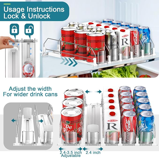 Upgraded Drink Organizer for Fridge, Space-Saving Fridge Drink Organizer, Automatic Pusher Glide and Adjustable Width Drink Dispenser for Fridge - Holds Up to 20 Cans (5 Rows White) - Image 5