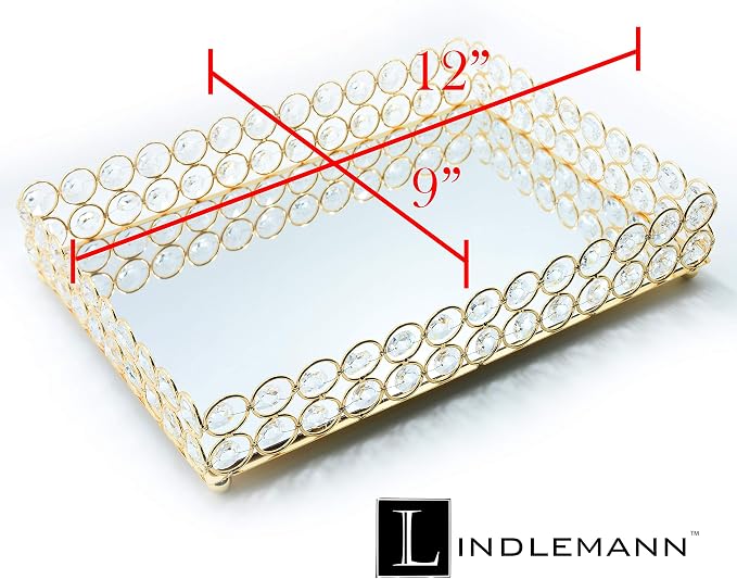 Decorative Tray Metal Mirrored Vanity Trays Crystal Ornate Perfume Jewelry Makeup Dish Dresser Countertop Organizer for Home Decoration & Holiday Party (Rectangle, 12x9in, Gold) - Image 2