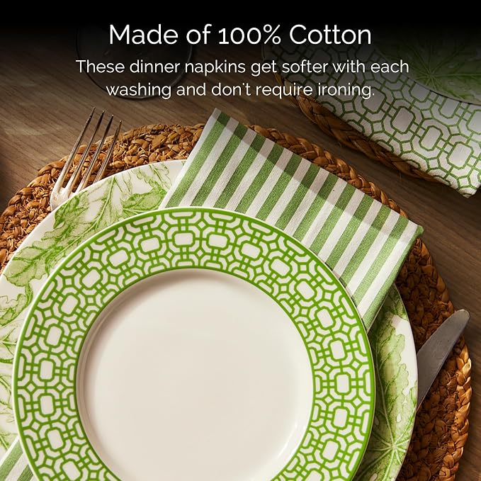 Pinstripe Green Dinner Napkins Set of 4 | 100% Cotton Cloth Set for Entertaining or Everyday Table | Perfect for Wedding, Birthday, Christmas Green and White, 22 Inch Square - Image 4