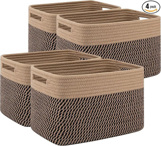 4 Pack Storage Baskets for Organizing, Woven Baskets for Shelves - Perfect for Toys, Books, Towels, and Clothes, Durable Gift Basket Bins Toy Storage, 12.7''L x9''W x7.8''H, Black and Brown by SIXDOVE