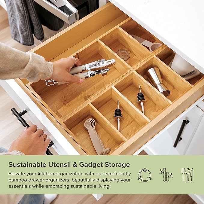 Utensil & Junk Drawer Organizer, Small, 2 Pack, Bamboo | 5-compartment design, 4 removable dividers, non-slip feet, sustainable bamboo - Image 5