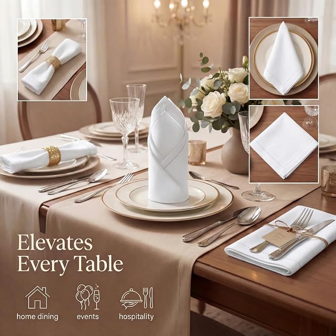 Urban Villa Hemstitch Cloth Dinner Napkins Cotton 20”x20” (Set of 12)-White - Image 2