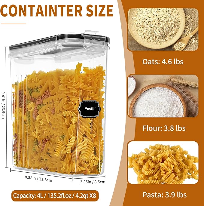 Cereal Containers Storage Set (4L / 135.2oz), 8PCS Airtight Food Storage Containers with Lids, Cereal Dispensers for Kitchen Pantry Organization and Storage with Pour Spout, 20 Labels, Marker - Image 2