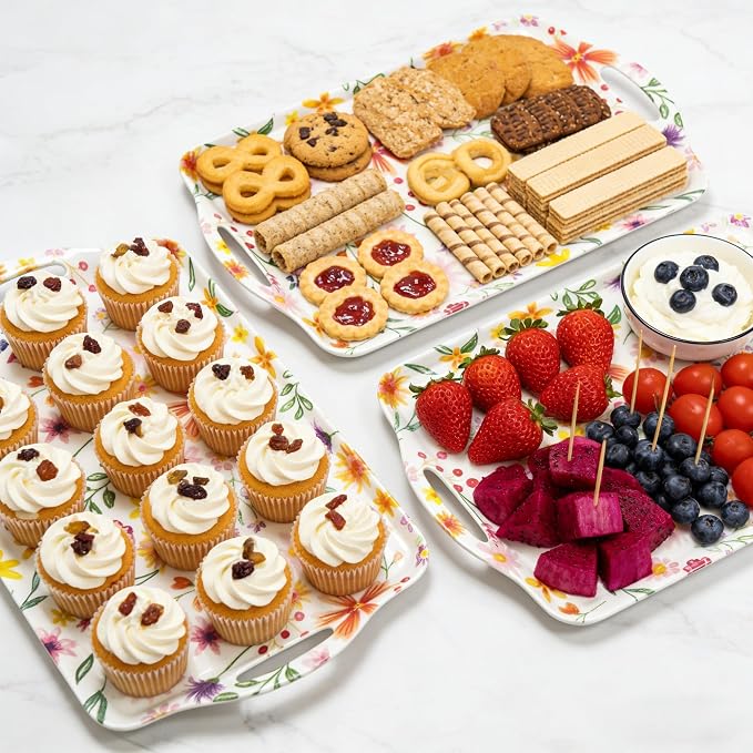 Extra Large Melamine Platters, Serving Tray with Handles for Cookie, Cupcakes, Desserts, Dishwasher Safe, Ottoman Tray Decor, Set of 2, 2 pcs Mats Included (Cottagecore Flower, 19''x11.6'') - Image 5