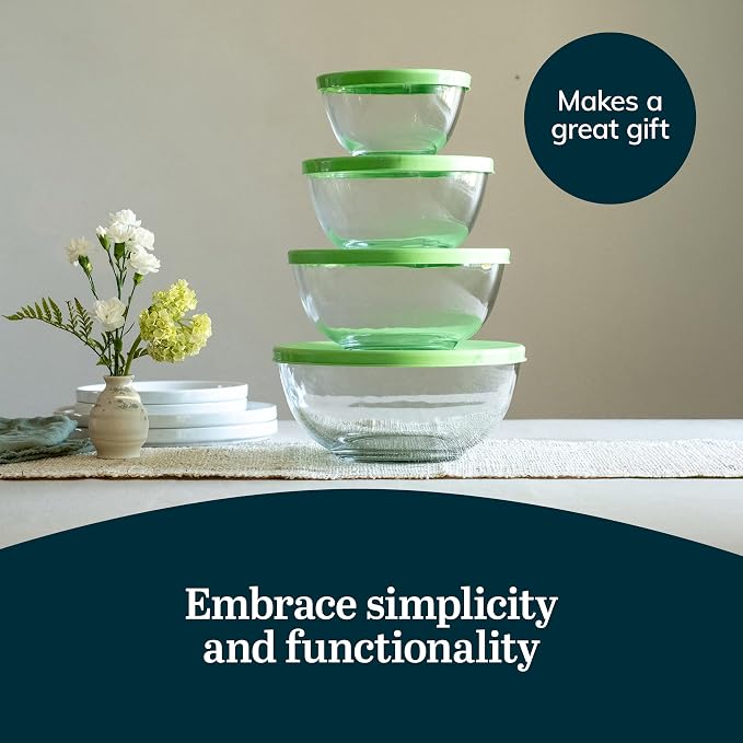 Libbey Baker's Basics 4 Piece Glass Mixing Bowl Set with Plastic Lids - Elegant Nesting Bowls - Glass Mixing Bowls with Lids to Store, Serve and More - Image 5