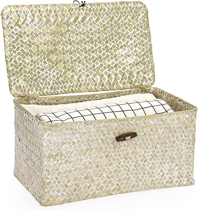 Hipiwe Seagrass Storage Basket Bins with Lid Handwoven Wicker Shelf Baskets | Rectangular Basket Household Organizer Boxes for Shelf Closet Bedroom Home Decor, Whitewash Medium - Image 9