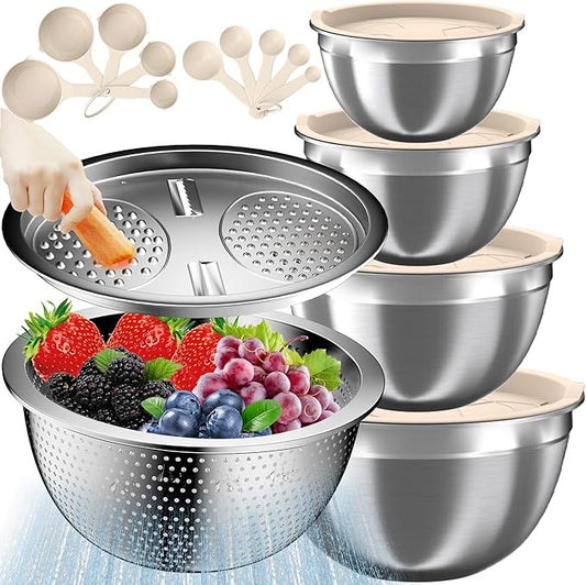 Mixing Bowls with Lids Set, 16PCS Stainless Steel Mixing Bowls,Nesting Storage Bowls for Kitchen with Mixing Bowls Set, Colander, Strainer & Grater , Metal Salad Bowl for Kitchen Gadgets , Cream by AUFETQ