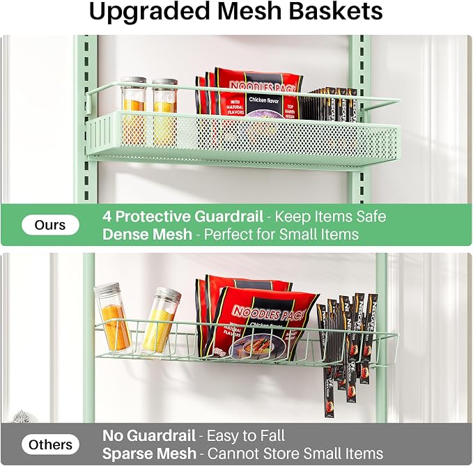 SNTD 8 Tiers Over the Door Organizer, 17" W x 6" D x 69" H, Green | Pantry Door Organizers and Storage, Height Adjustable Spice Rack, Dense Mesh Baskets, Anti-Swing, Adjustable Door Fastener - Image 5
