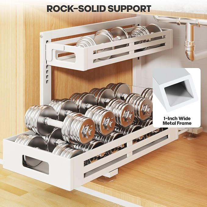 2 Pack 21IN-Depth Under Sink Organizer,Pull Out Cabinet Organizer With Smooth Cylindrical Rail,Metal Slide Out Drawer for Kitchen Bathroom Laundry,8-Level Tool Free Height Adjustable-White - Image 5