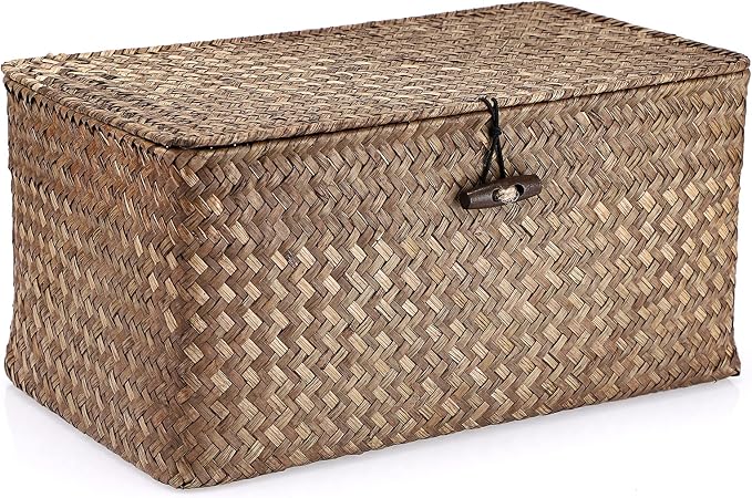 Hipiwe Wicker Shelf Baskets Storage Bin with Lid Handwoven Seagrass Basket | Rectangular Household Basket Boxes for Shelf Wardrobe Home Organizer, Coffee Medium by Hipiwe