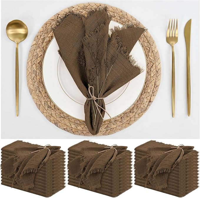 36 Pack Brown Napkins Cotton Linen Napkins 16 x 16 Inch Brown Cloth Napkins Handmade with Fringe Soft Napkins Cloth Washable Rustic Dinner Napkins Cloth for Wedding Party Dinner Table by ABKLESACH