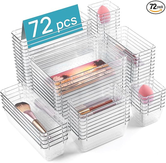 Vtopmart 72 PCS Clear Plastic Drawer Organizers Set, 4-Size Versatile Bathroom and Vanity Organizer Trays, Non-Slip Storage Containers for Makeup, Jewelries, Bedroom，Kitchen Utensils and Office | 4-Size Versatile Makeup Organizer, Non-Slip Storage Cont... by Vtopmart