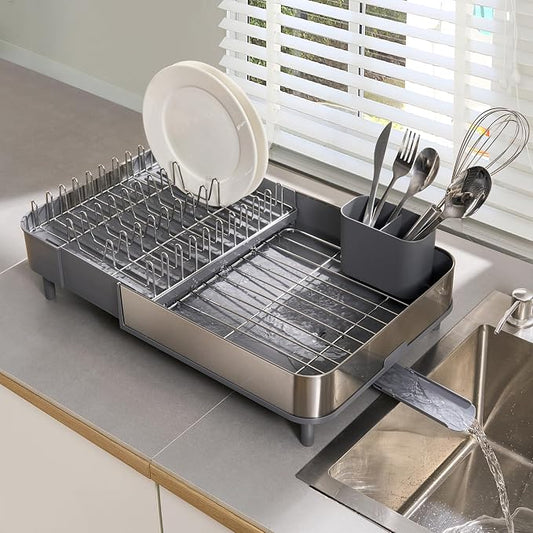 Dish Drying Rack Countertop Expandable Dish Drainer — Up to 20.5" Telescoping Premium Extending Drying Station Organizer with Drainboard, Removable Utensil Holder — Dish, Silverware & Cup Storage Gray by SweetHomeCollection
