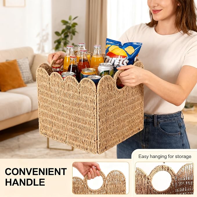 Scalloped Wicker Storage Cubes Basket, 12”x12“ Heavy Duty Paper rope/Hyacinth/Seagrass Baskets for Shelves, Foldable Natural Boho Square Bins (Paper Rope&12 x 12 x 12in&4-Pack) - Image 5