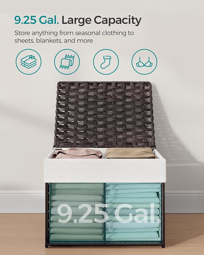 SONGMICS Storage Basket with Lid, Woven Blanket Storage Bin with Handles, Foldable, Removable Liner, Metal Frame, for Bedroom, Laundry Room, 9.2 Gallons (35 L), Brown URST040K01 - Image 7