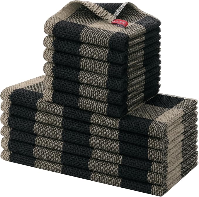Homaxy Kitchen Towels and Dishcloths Set, Set of 12, Black & Tan | Bulk Cotton Waffle Weave Check Plaid Kitchen Towels, Super Soft and Absorbent Dish Cloths, 12 x 12 and 13 x 28 Inches by Homaxy