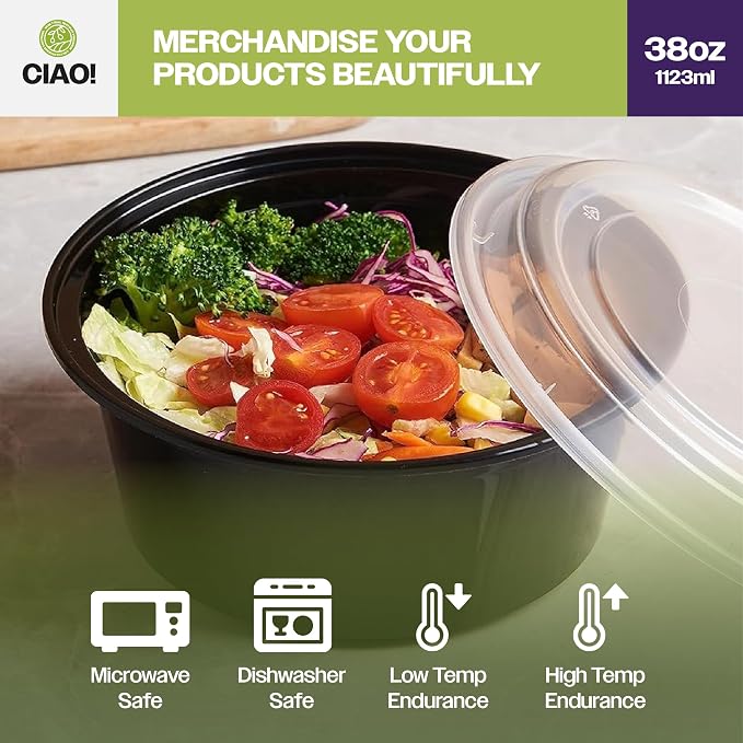 CIAO! Heavy Weight 38oz Injection Molded Microwavable Black Round Food Container with Lid (150/case) - Image 6